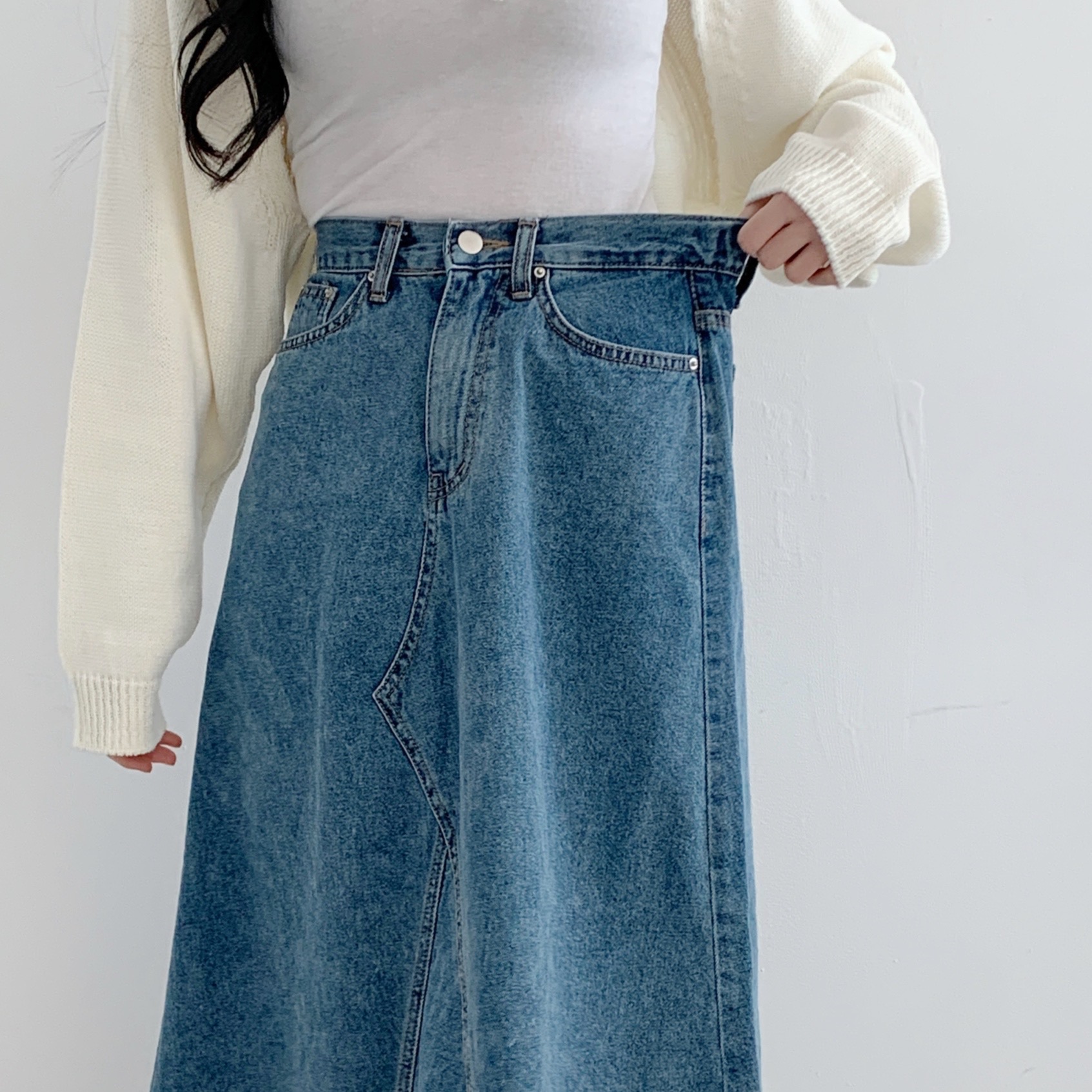 허리 뒷밴딩 앞 절개 청와이드 찰랑 데님 맥시스커트 청 롱치마 팬츠 [2컬러] 이미지 7
