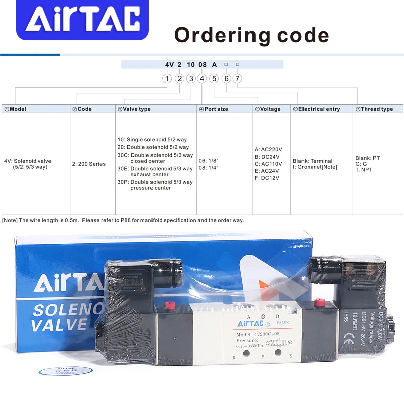 AirTAC 4V130C-06 4V230C-08 4V330C-10 4V430C-15 공압 에어 솔레노이드 밸브 5 포트 3위치 방향 반전 12V 24V 110V 220V