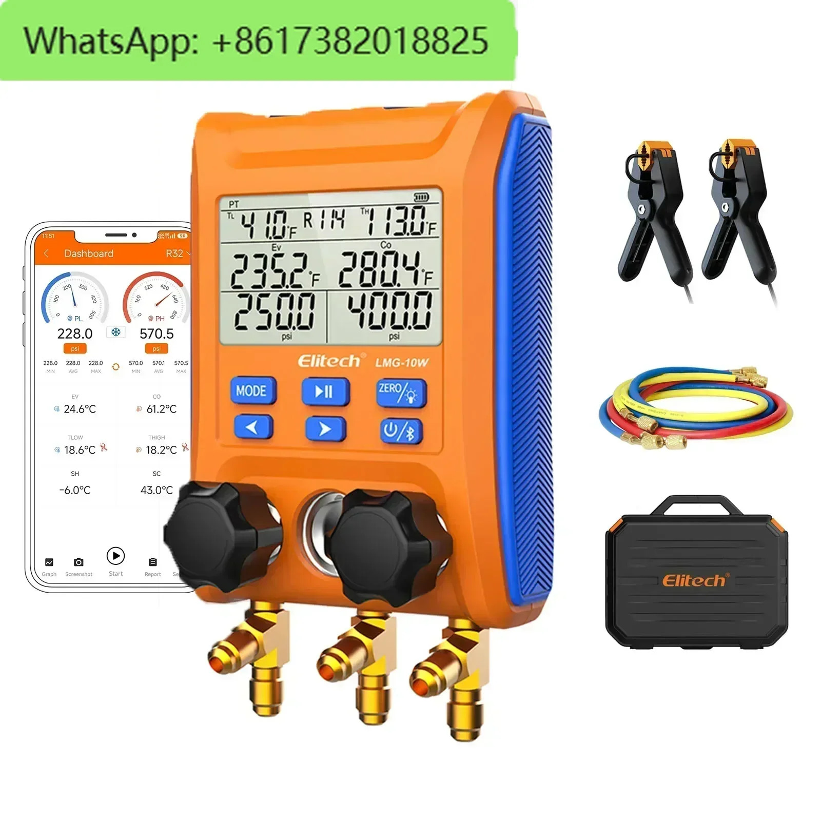 Elitech LMG-10W 무선 디지털 매니폴드 게이지 세트 데이터 로깅 냉매 HVAC 게이지호스 온도계 클램프 LMG-10
