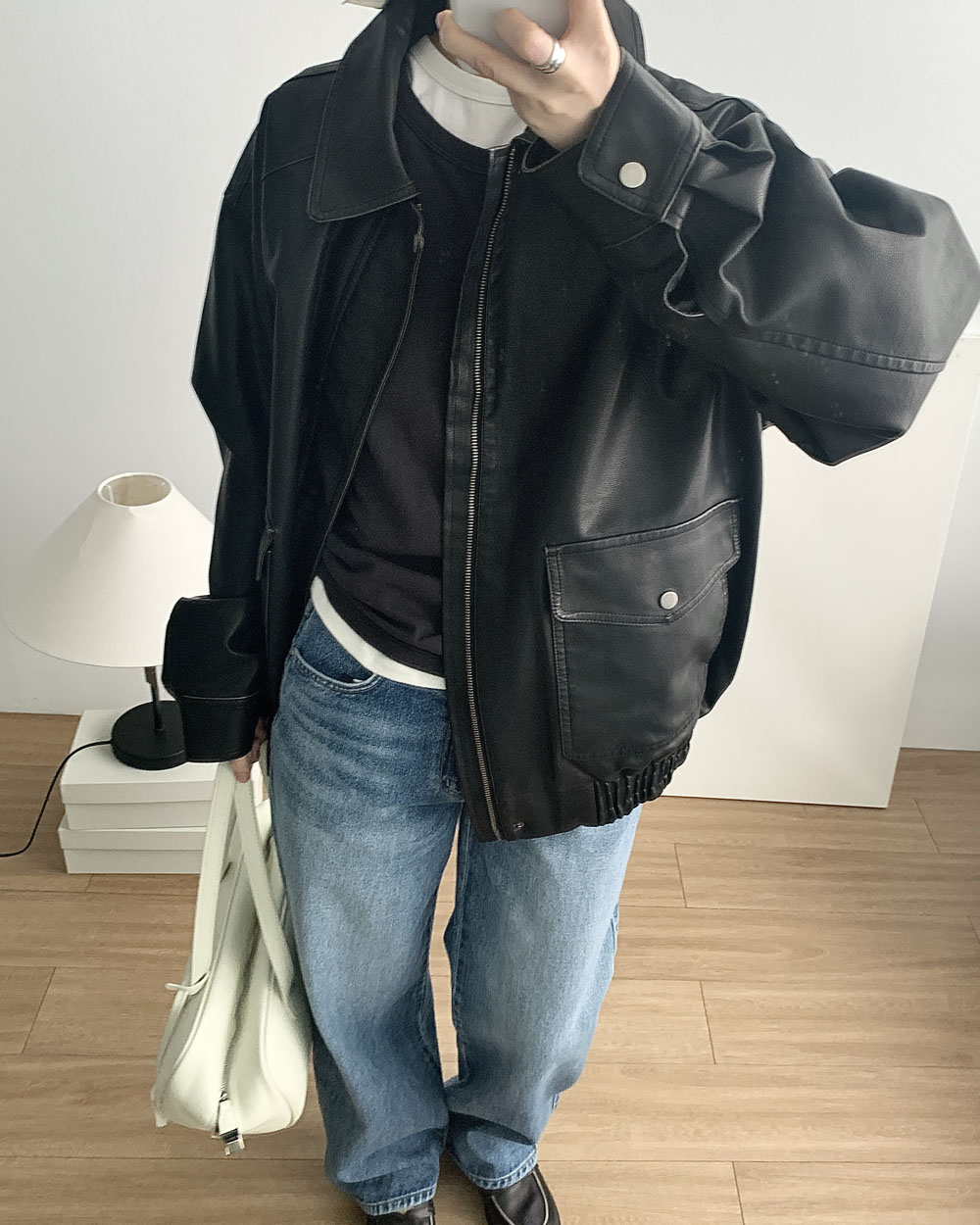 레어 레더 자켓 페이크레더 오버핏 블루종 웨어링무드 (2c) 이미지 8