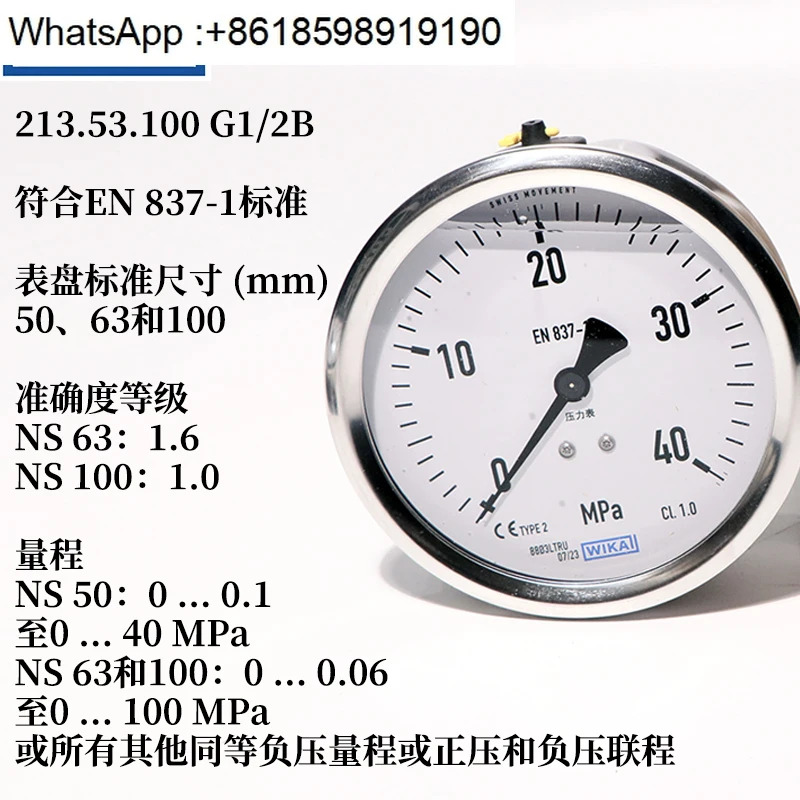 압력 게이지 EN837-1 213.53.063 독일 충격 방지 스테인레스 스틸 액체 충전