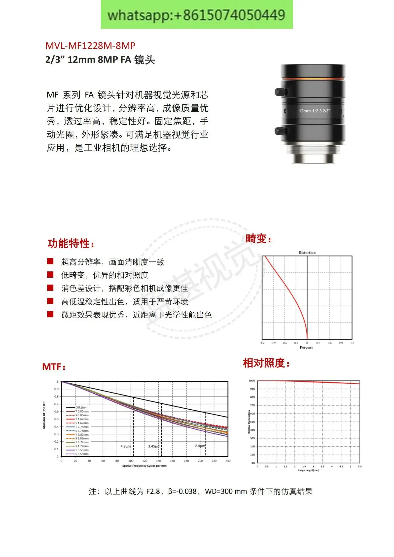 MVL-MF1228M-8MP 8메가픽셀 고정 초점 12mm 2/3인치 산업렌즈