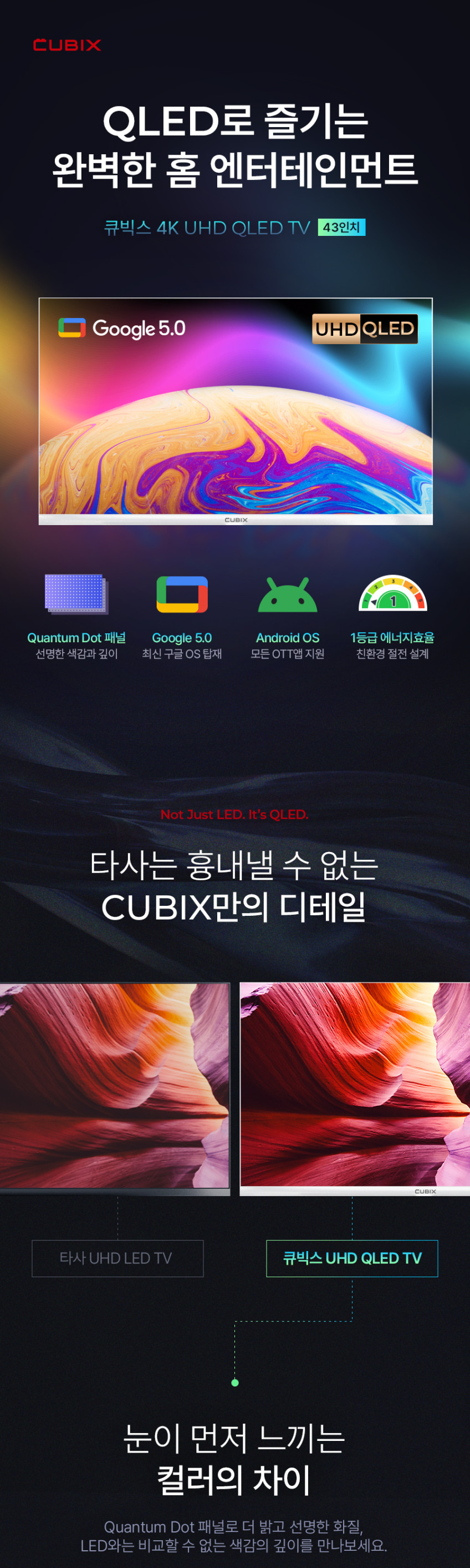큐빅스 109cm(43인치) 4K UHD QLED TV 화이트 구글 스마트 티비 에너지1등급 고화질 판매처 상세 정보 이미지 2