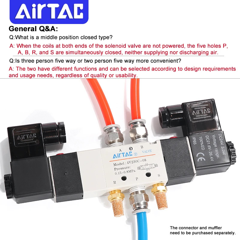 AirTAC 4V130C-06 4V230C-08 4V330C-10 4V430C-15 공압 에어 솔레노이드 밸브 5 포트 3위치 방향 반전 12V 24V 110V 220V