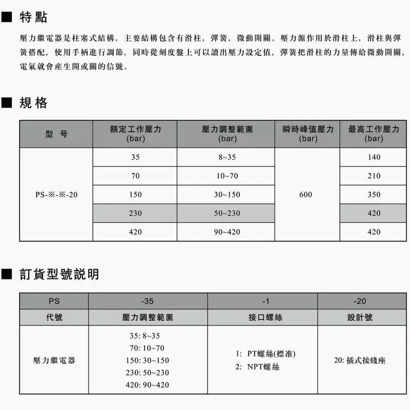 PS-70-1-20 35 150 230 420 압력 스위치