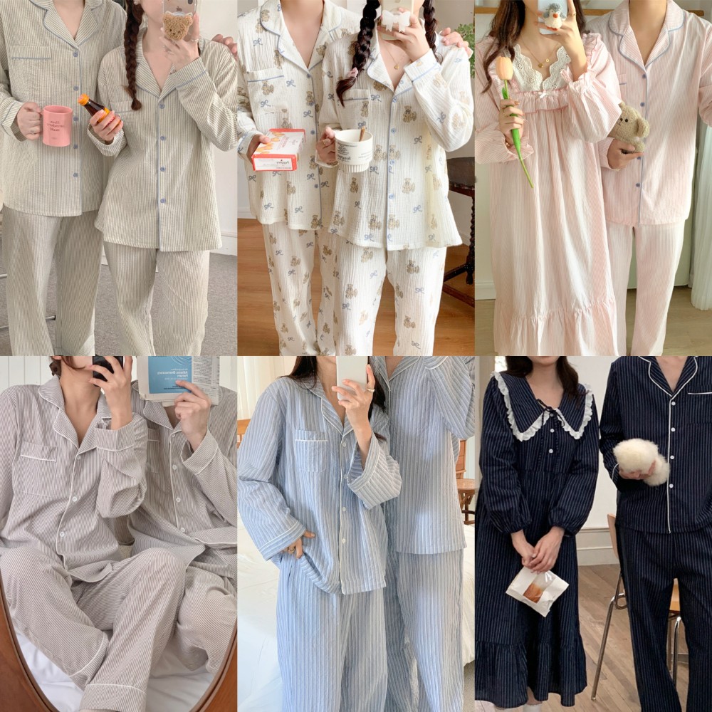 커플잠옷 원피스 누빔 극세사 겨울 파자마 긴팔 세트 신혼부부 제품 이미지