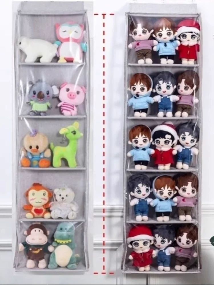 가방인형 수납함 전시 가로 벽걸이형 방진 행거백 포켓 커피색 5단 61cm 16cm 30cm 후크 포함 - 상세 이미지 4