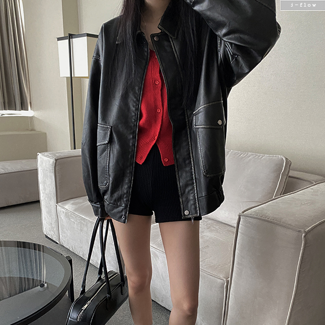 테리즈 워싱 레더 오버핏 카라넥 가죽 자켓 2col 봄 가을 점퍼 pu 박시 제이플로우 - 상품 이미지