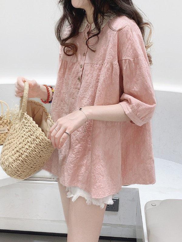 린넨 펀칭 레이스 블라우스 여성 루즈핏 셔츠 - 상품 이미지