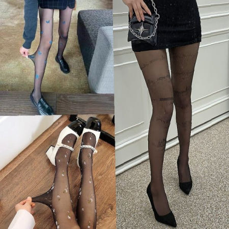 STATING 여성 프린팅 스타킹 시티컬 블랙 나비 꽃무늬 패턴 장식 검정 패션 레그웨어