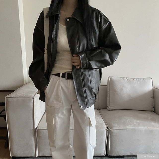 테리즈 워싱 레더 오버핏 카라넥 가죽 자켓 2col 봄 가을 점퍼 pu 박시 제이플로우 - 상세 이미지 2