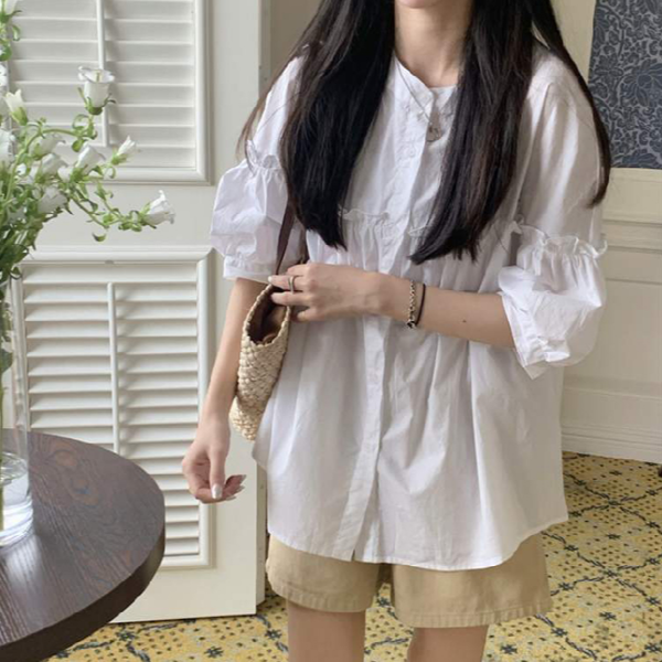 7부 여성 프릴 블라우스 와이드 여성 루즈핏 셔츠 여름 박시핏 - 상품 이미지