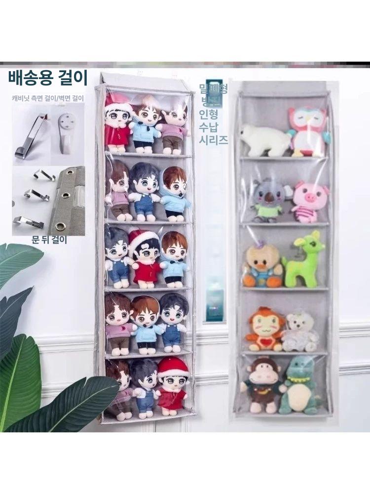 가방인형 수납함 전시 가로 벽걸이형 방진 행거백 포켓 커피색 5단 61cm 16cm 30cm 후크 포함 - 상세 이미지 2