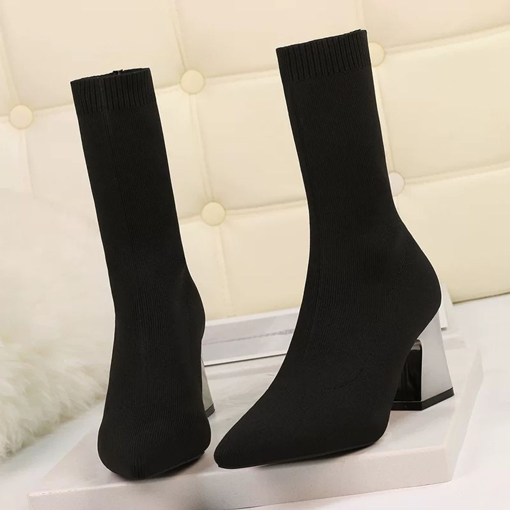 여성 블랙 뾰족코 니트삭스 부츠 여성 A. 살구 플러스 벨벳 힐 높이 6 cm, A. 34 - 상세 이미지 4