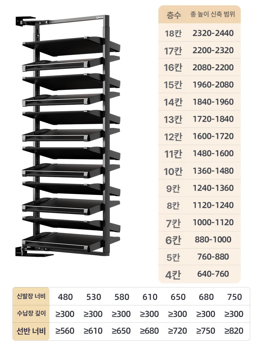 회전형 신발장 슬림 수납 현관 좌측 대용량 내장형 스틸 왼쪽 9칸 높이1240-1360mm - 상세 이미지 3