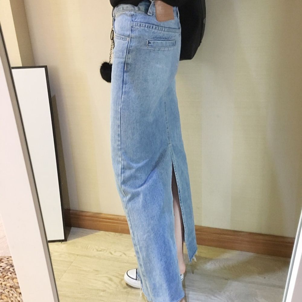 데님 롱스커트 청치마 뒷트임 로우컷 여성의류 캐주얼웨어 하늘색, S - 상세 이미지 3