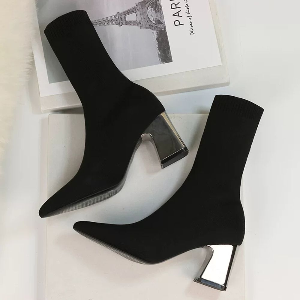 여성 블랙 뾰족코 니트삭스 부츠 여성 A. 살구 플러스 벨벳 힐 높이 6 cm, A. 34 - 상품 이미지
