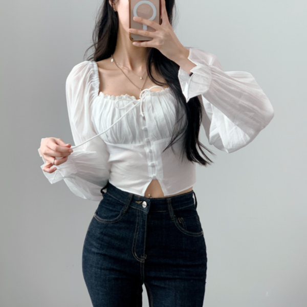 시스루 여성 블라우스 스모크 오프숄더 블라우스 레이스 벌룬 여름 - 상품 이미지