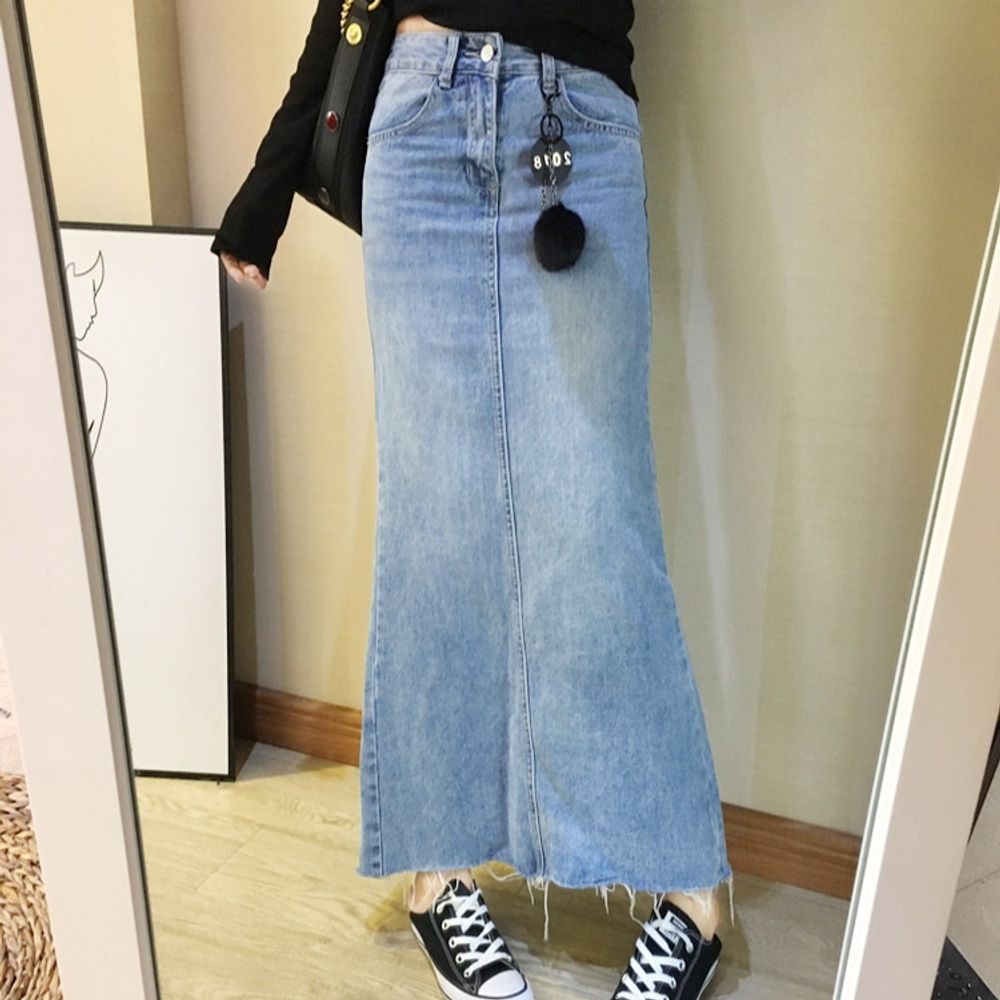 데님 롱스커트 청치마 뒷트임 로우컷 여성의류 캐주얼웨어 하늘색, S - 상품 이미지