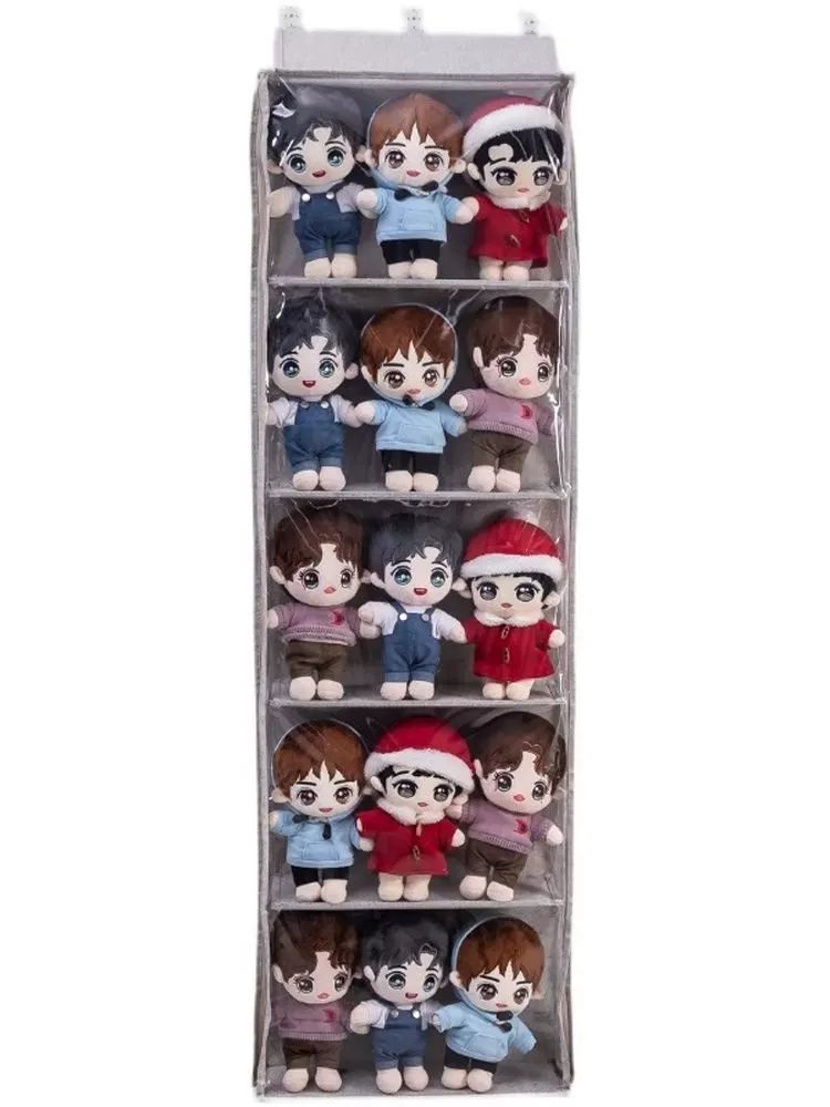 가방인형 수납함 전시 가로 벽걸이형 방진 행거백 포켓 커피색 5단 61cm 16cm 30cm 후크 포함 - 상품 이미지