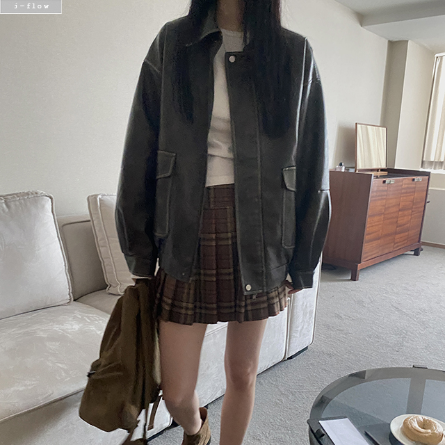 테리즈 워싱 레더 오버핏 카라넥 가죽 자켓 2col 봄 가을 점퍼 pu 박시 제이플로우 - 상세 이미지 3