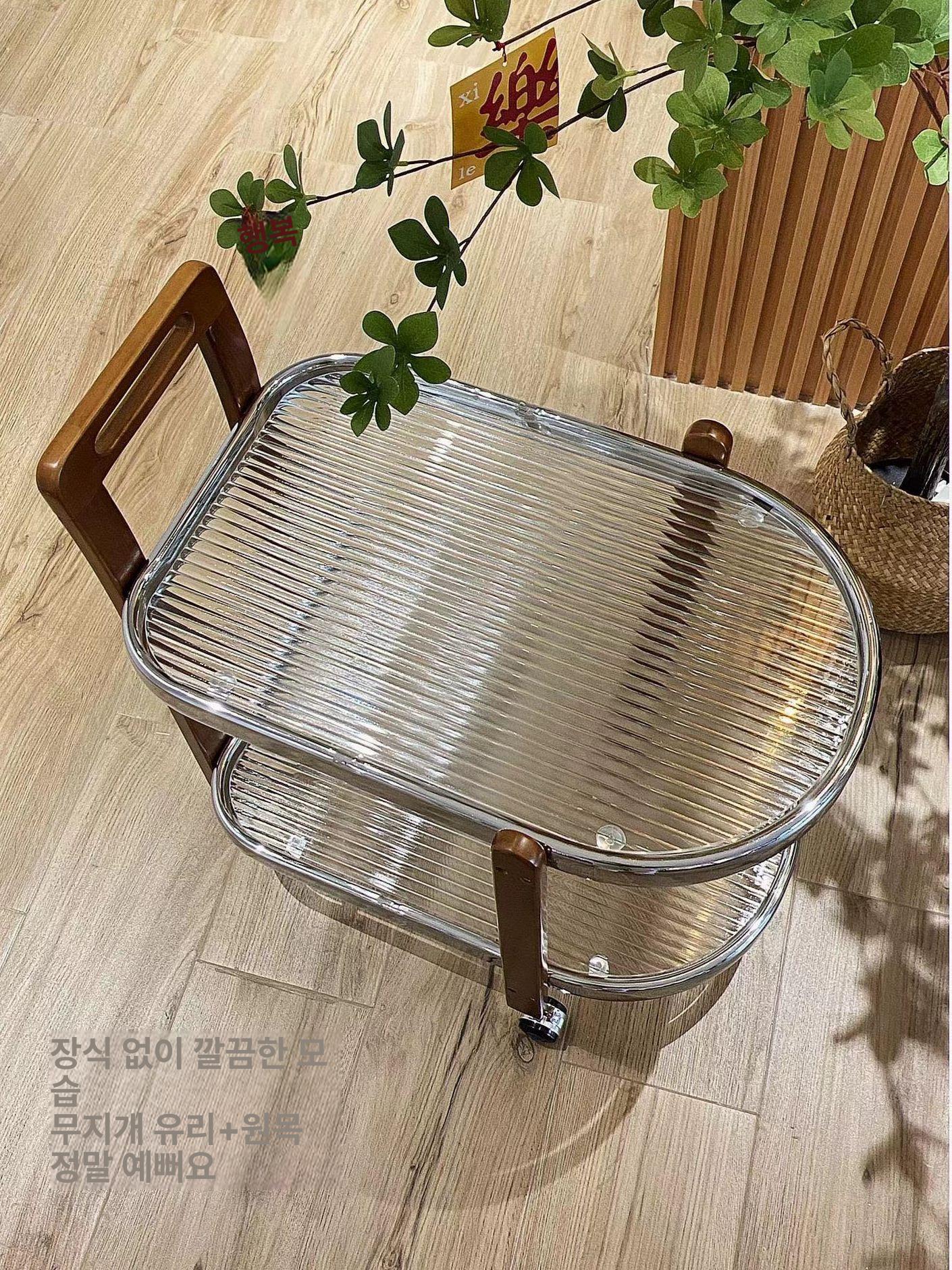 원목트롤리 이동식 웨건 식당 서빙카 미용 테이블 호두나무+무지개 유리 - 상세 이미지 5