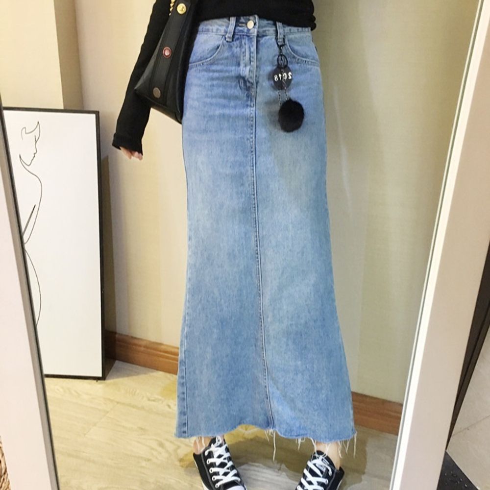 데님 롱스커트 청치마 뒷트임 로우컷 여성의류 캐주얼웨어 하늘색, S - 상세 이미지 2