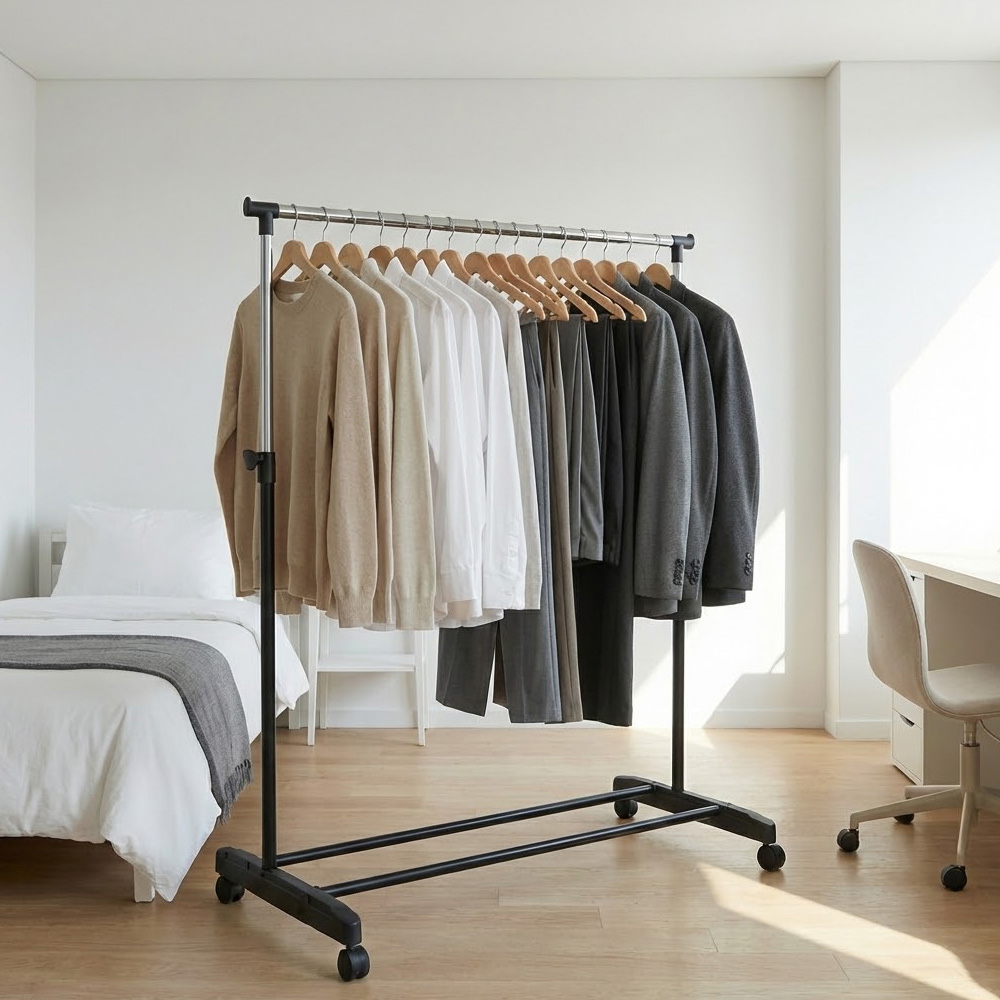 조립식 철제 스탠드 옷걸이 이동식 파이프 행거 바퀴달린 원룸 자취방 옷걸이대 1단