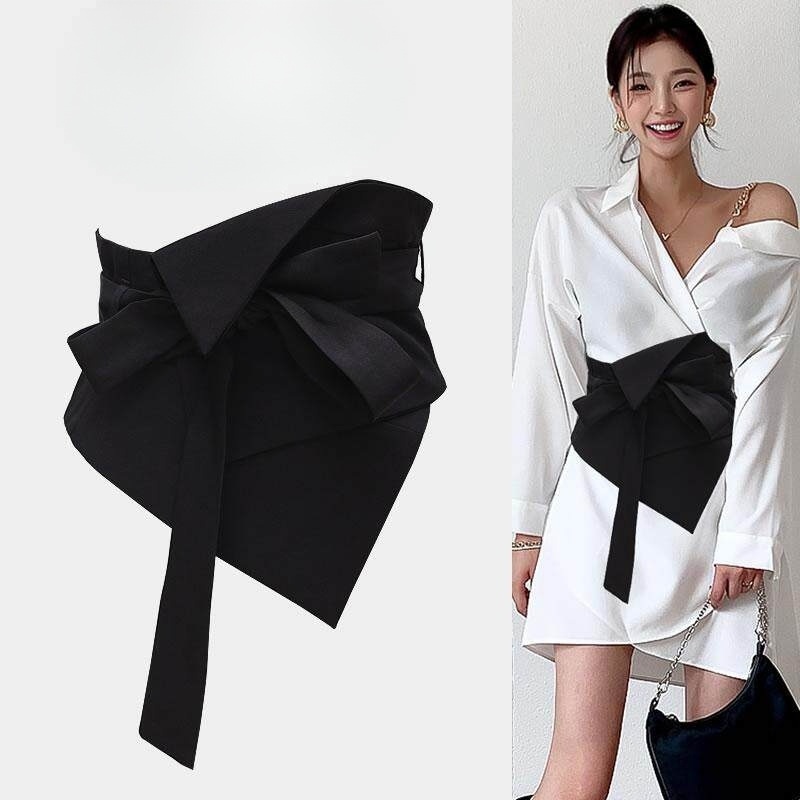 여자 넓은 허리띠 코르셋 디자인 빅리본 오비 랩 와이드 벨트 패브릭 소재 슬림핏 연출 - 상세 이미지 3