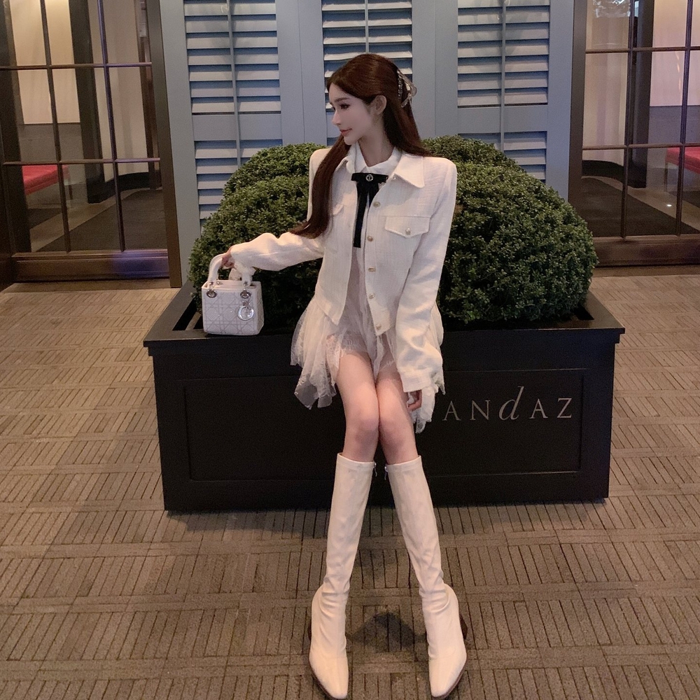 리본 시스루 레이스 쉬폰 프릴 러플 긴팔 플레어소매 미니 A라인 원피스 러블리 로맨틱 - 상세 이미지 3