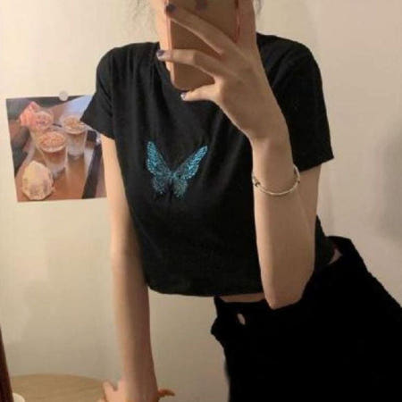 치치몰18협력업 파랑 나비 반팔 크롭티 가을 라운드 데일리 XL 라운드 간절기 사이즈 쭉티 U넥 라운드티숙 S 산 나시 여성 BI00180