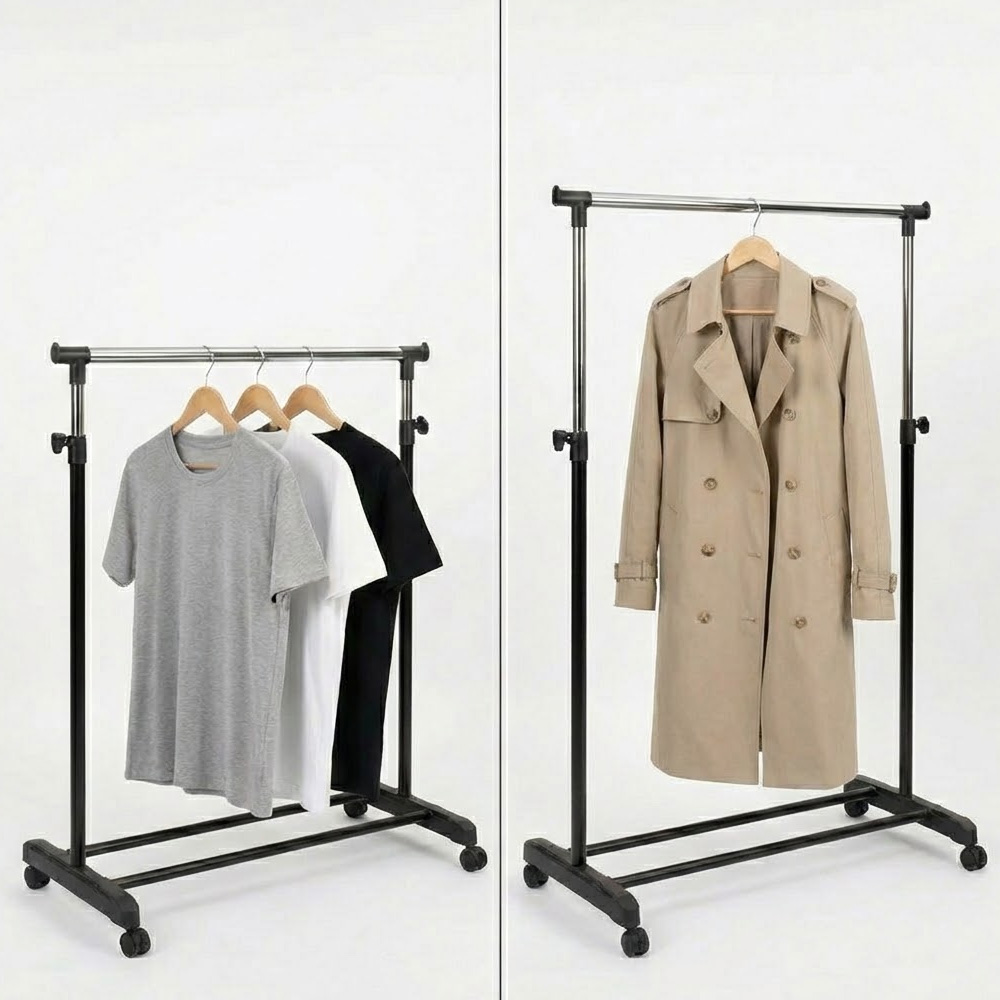 조립식 철제 스탠드 옷걸이 이동식 파이프 행거 바퀴달린 원룸 자취방 옷걸이대 1단