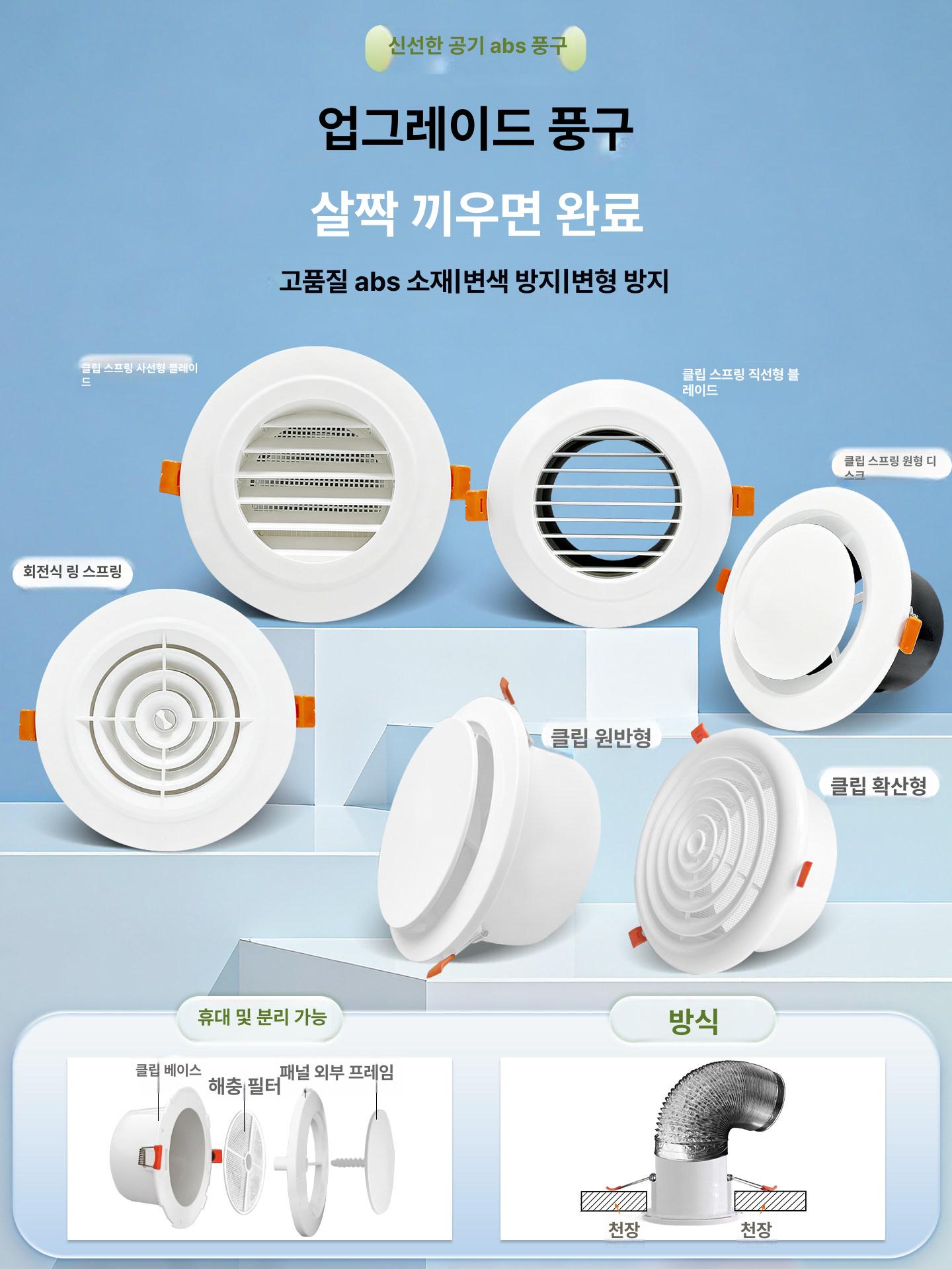 원형 환기구 통풍구 회전형 벽 배기구 아파트 커버 천장 스냅 원형 접관 75 개공 90mm - 상세 이미지 4