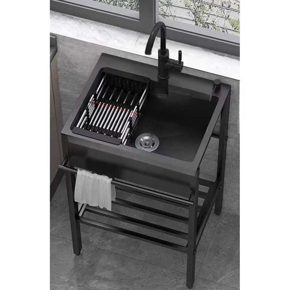 탕비실 싱크대 사무실 테라스 코너 원룸 간이 블랙 55x45cm 싱크볼 + 스탠드 배수 - 상품 이미지