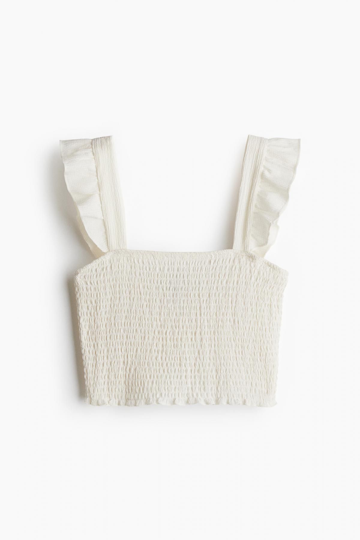 에이치앤엠 프릴 민소매 크롭 허니콤 탑 1289841001 BLANCO