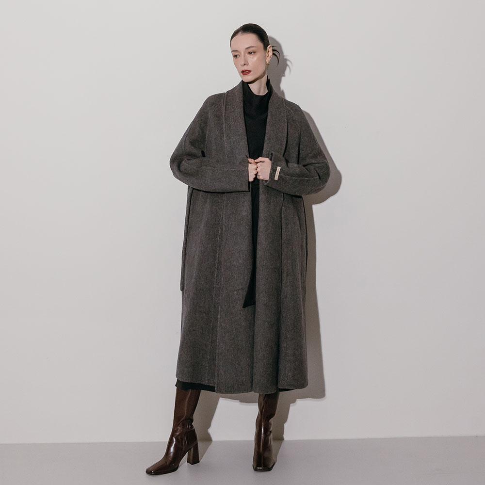 핸드메이드 울 헤링본 히든 스트랩 숄 롱코트 제품 이미지