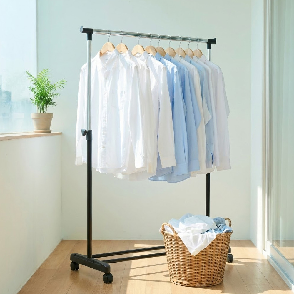 조립식 철제 스탠드 옷걸이 이동식 파이프 행거 바퀴달린 원룸 자취방 옷걸이대 1단