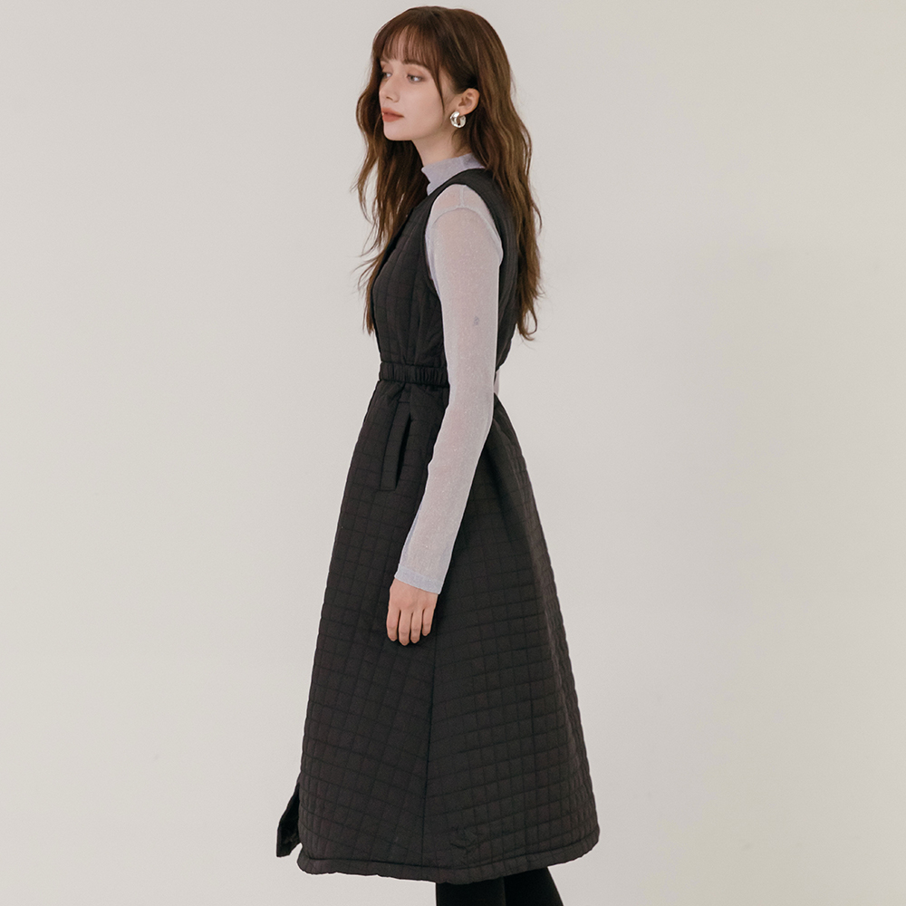 [벨트SET] 스퀘어 퀼팅 패딩 롱원피스 이미지 8