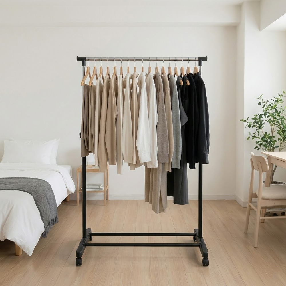 조립식 철제 스탠드 옷걸이 이동식 파이프 행거 바퀴달린 원룸 자취방 옷걸이대 1단