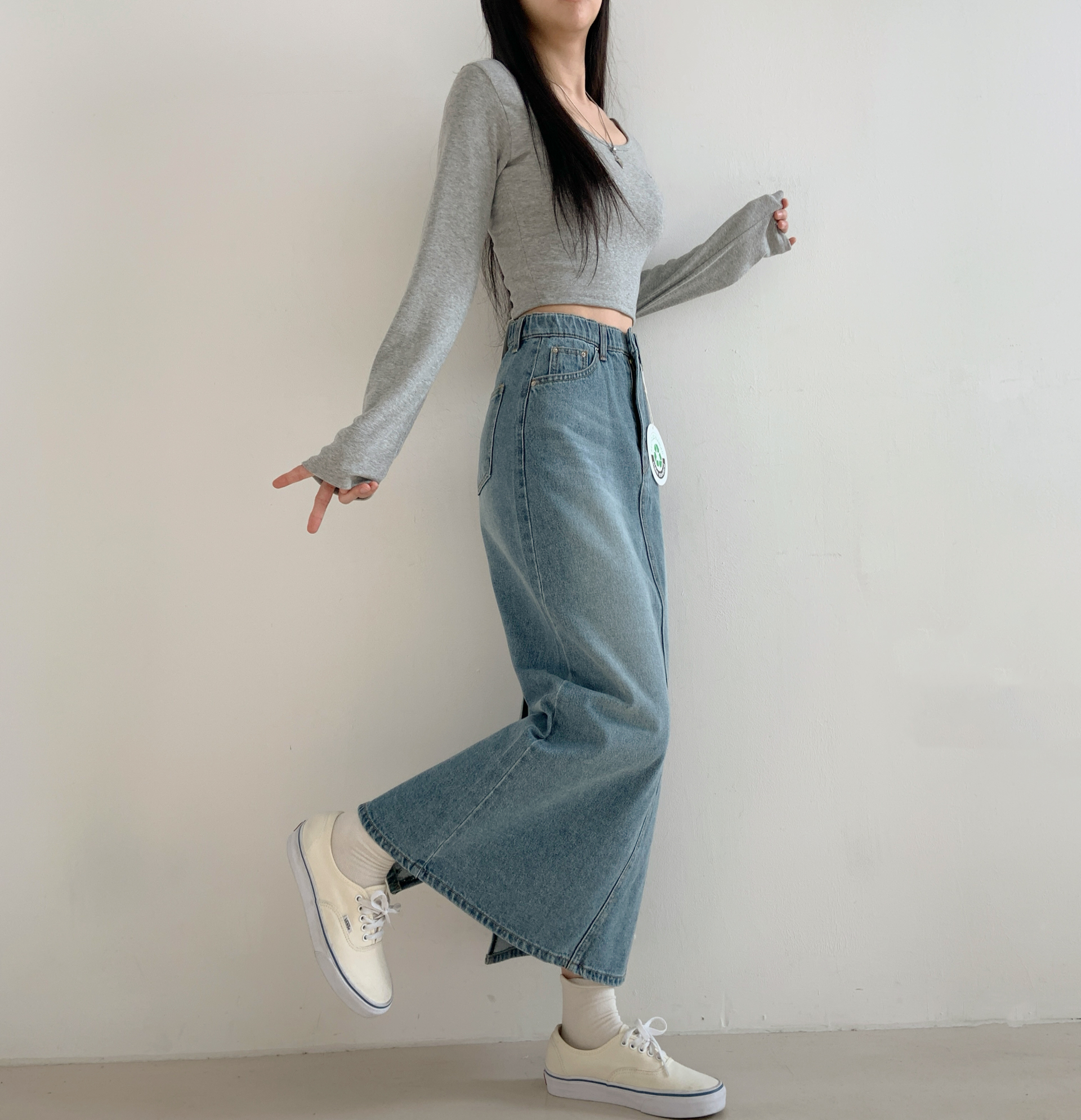 여성 히든밴딩 H라인 데님 롱스커트 10수 롱청치마 맥시스커트 연청 뒷트임 S,M,L - 상세 이미지 3