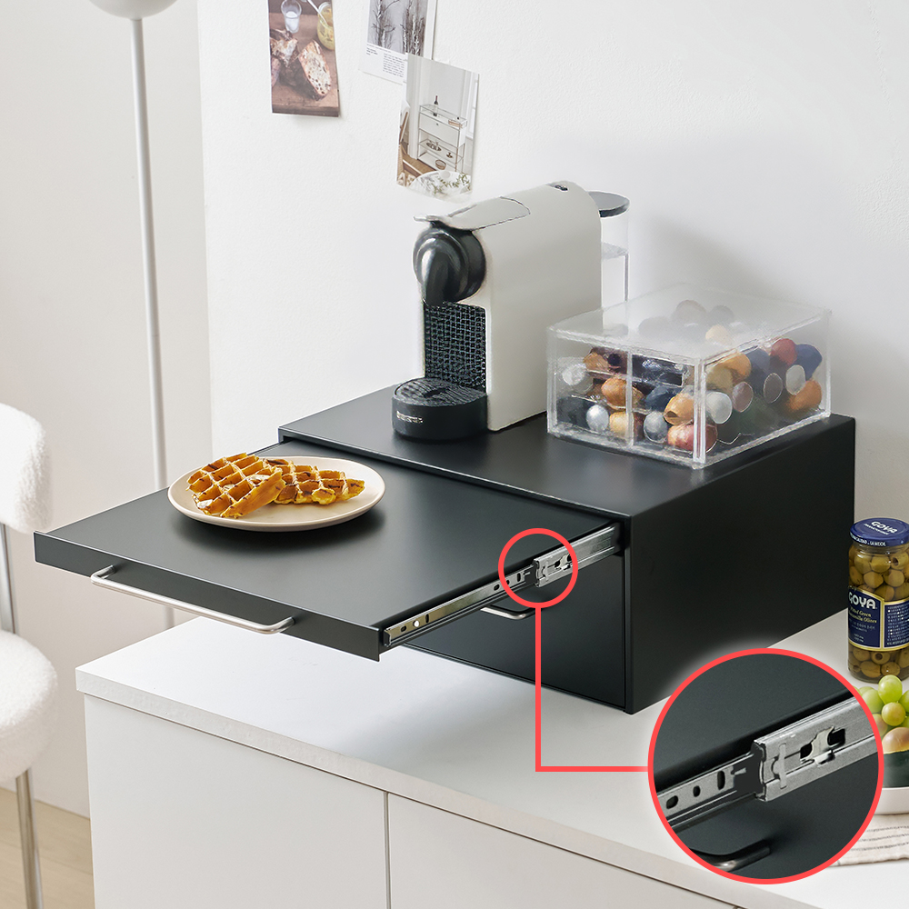 커피머신 받침대 서랍형 무소음 슬라이딩 철제 다이 정수기선반 450X370X200, 1단, 블랙