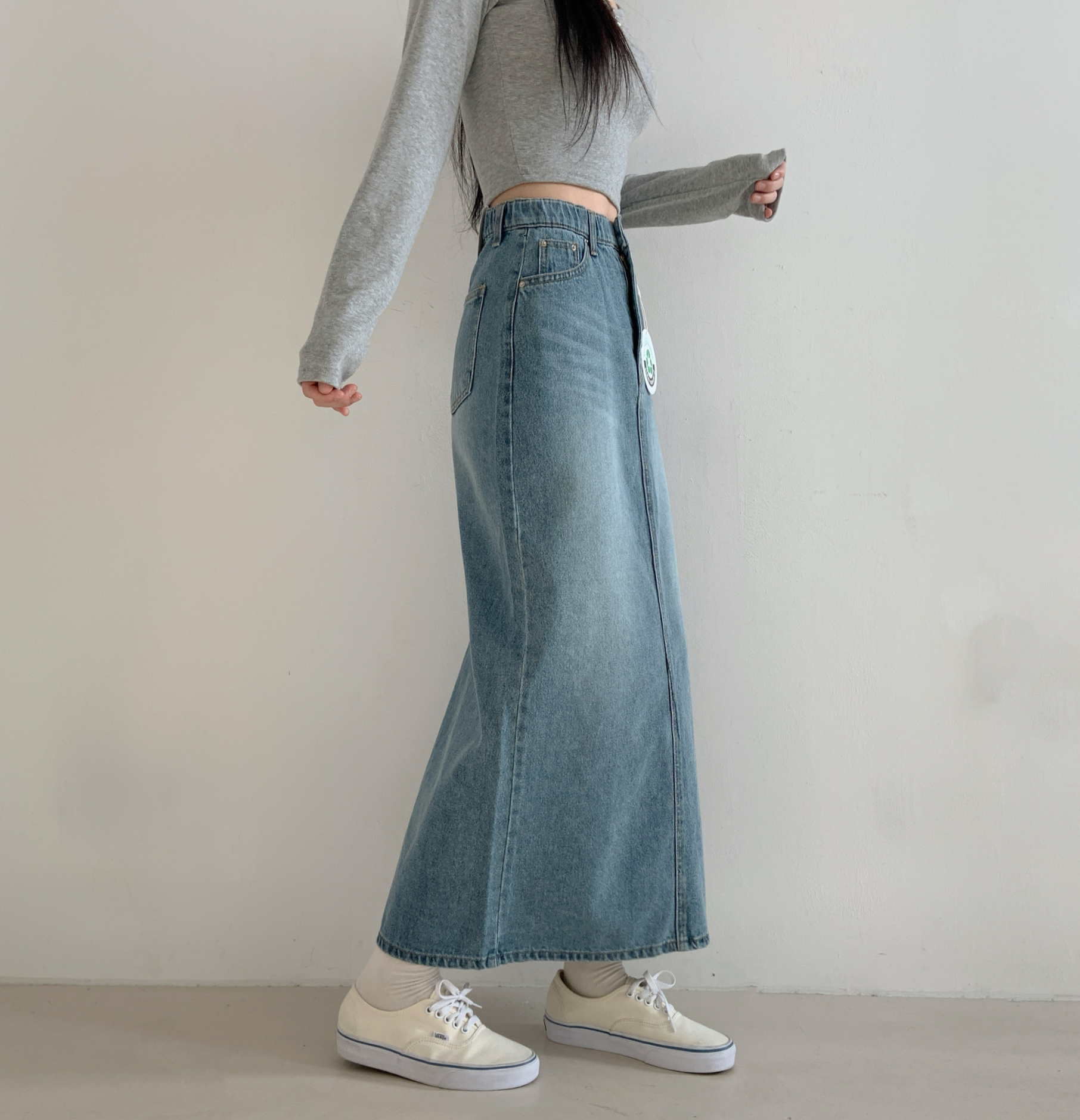 여성 히든밴딩 H라인 데님 롱스커트 10수 롱청치마 맥시스커트 연청 뒷트임 S,M,L - 상세 이미지 2