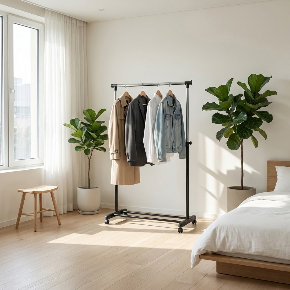 조립식 철제 스탠드 옷걸이 이동식 파이프 행거 바퀴달린 원룸 자취방 옷걸이대 1단