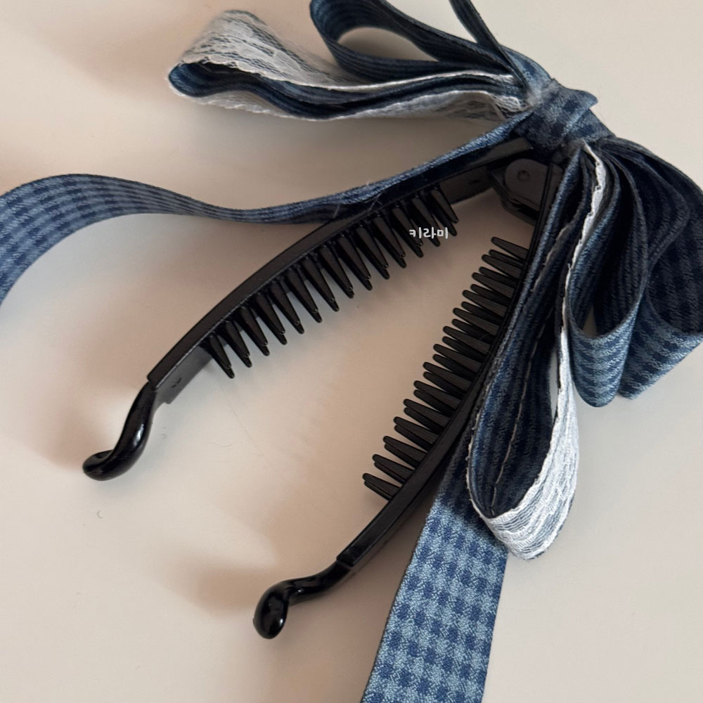 체크 레이스 리본 포니테일 바나나집게핀 숱많은 머리핀 - 상세 이미지 5