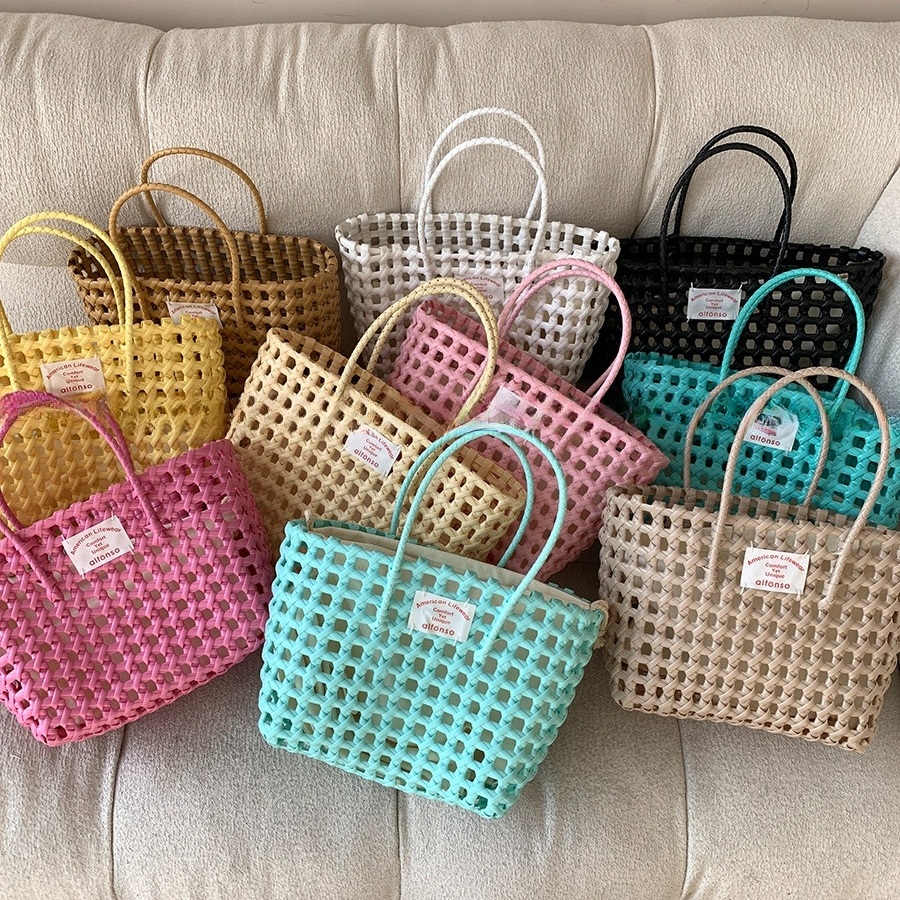 비비드 컬러풀 위빙백 여름휴가 바캉스 해변 물놀이 PVC 플라스틱 그물망 디자인 수납력 - 상세 이미지 4