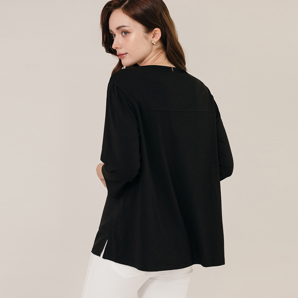 실키 배색 딥브이 7부 티셔츠 이미지 7