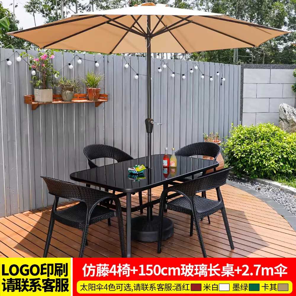 야외 테이블 파라솔 통원목 야외의자 야외테이블 유리 150x90cm테이블/2.7m우산/의자4개 이미지 8