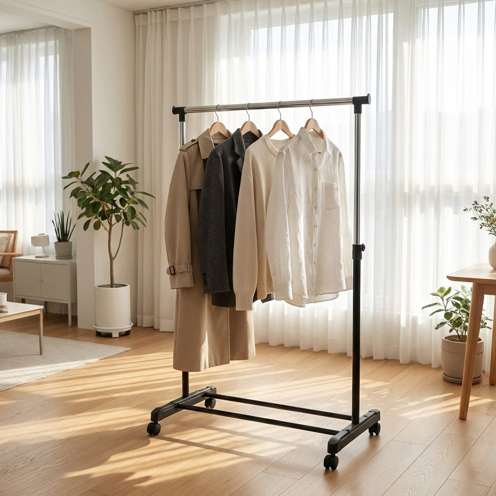 조립식 철제 스탠드 옷걸이 이동식 파이프 행거 바퀴달린 원룸 자취방 옷걸이대 1단