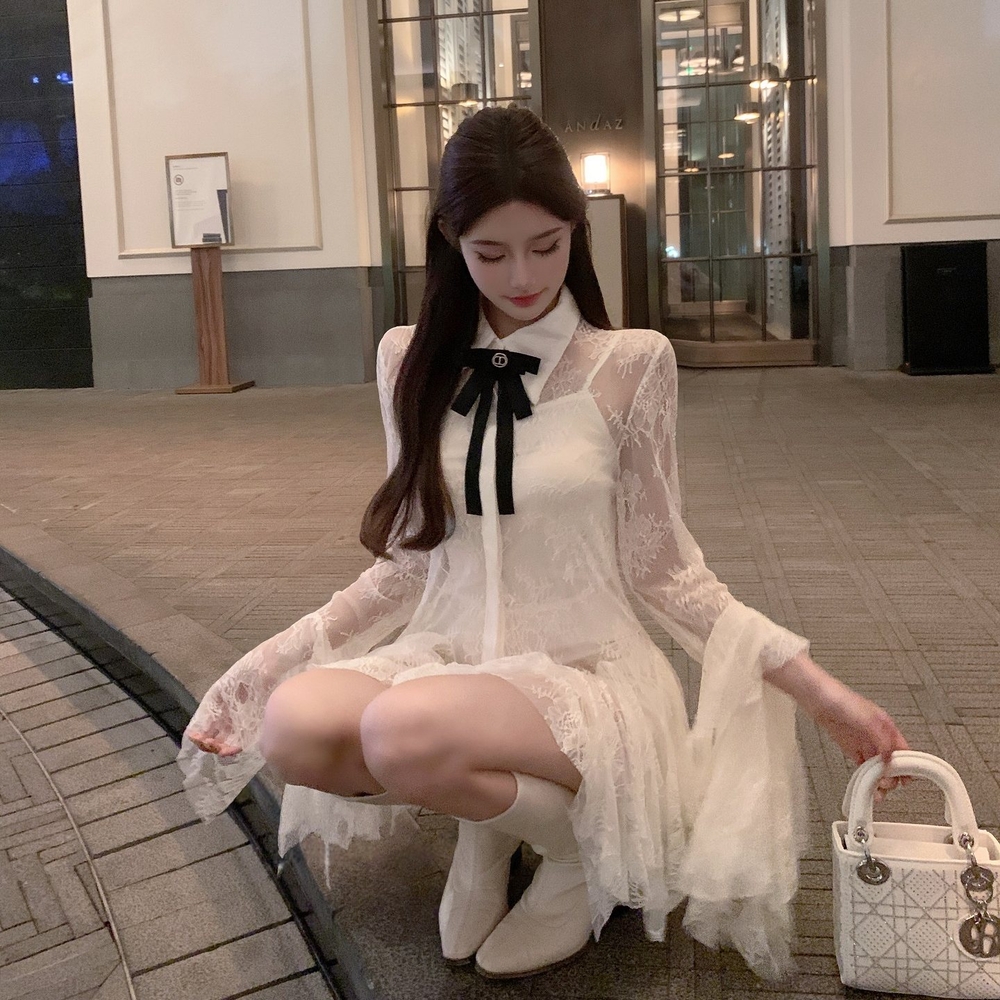 리본 시스루 레이스 쉬폰 프릴 러플 긴팔 플레어소매 미니 A라인 원피스 러블리 로맨틱 - 상세 이미지 4