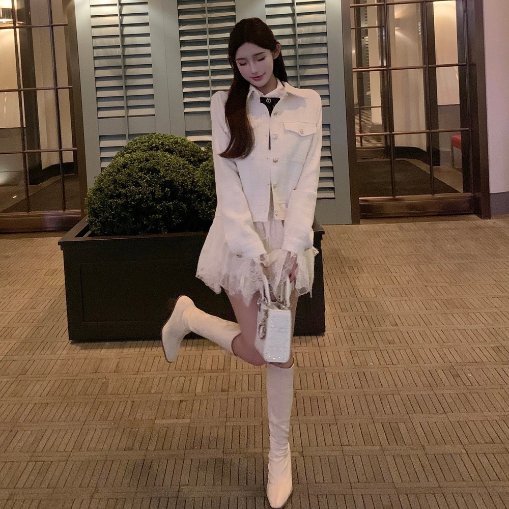 리본 시스루 레이스 쉬폰 프릴 러플 긴팔 플레어소매 미니 A라인 원피스 러블리 로맨틱 - 상세 이미지 5